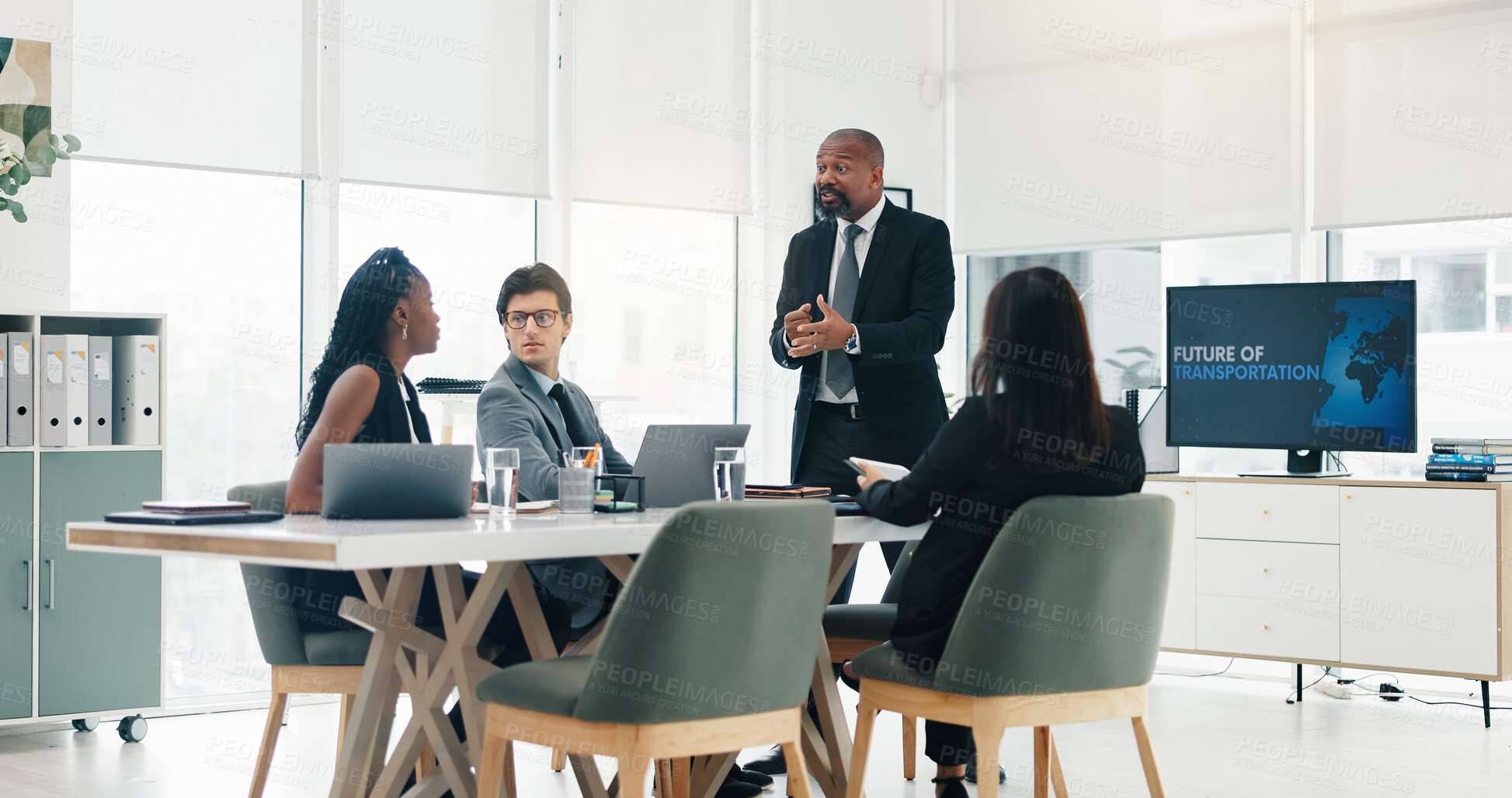 Buy stock photo Meeting, collaboration and business people in office with screen for future of transportation. Presentation, teamwork and group of innovation managers with corporate travel planning in workplace.