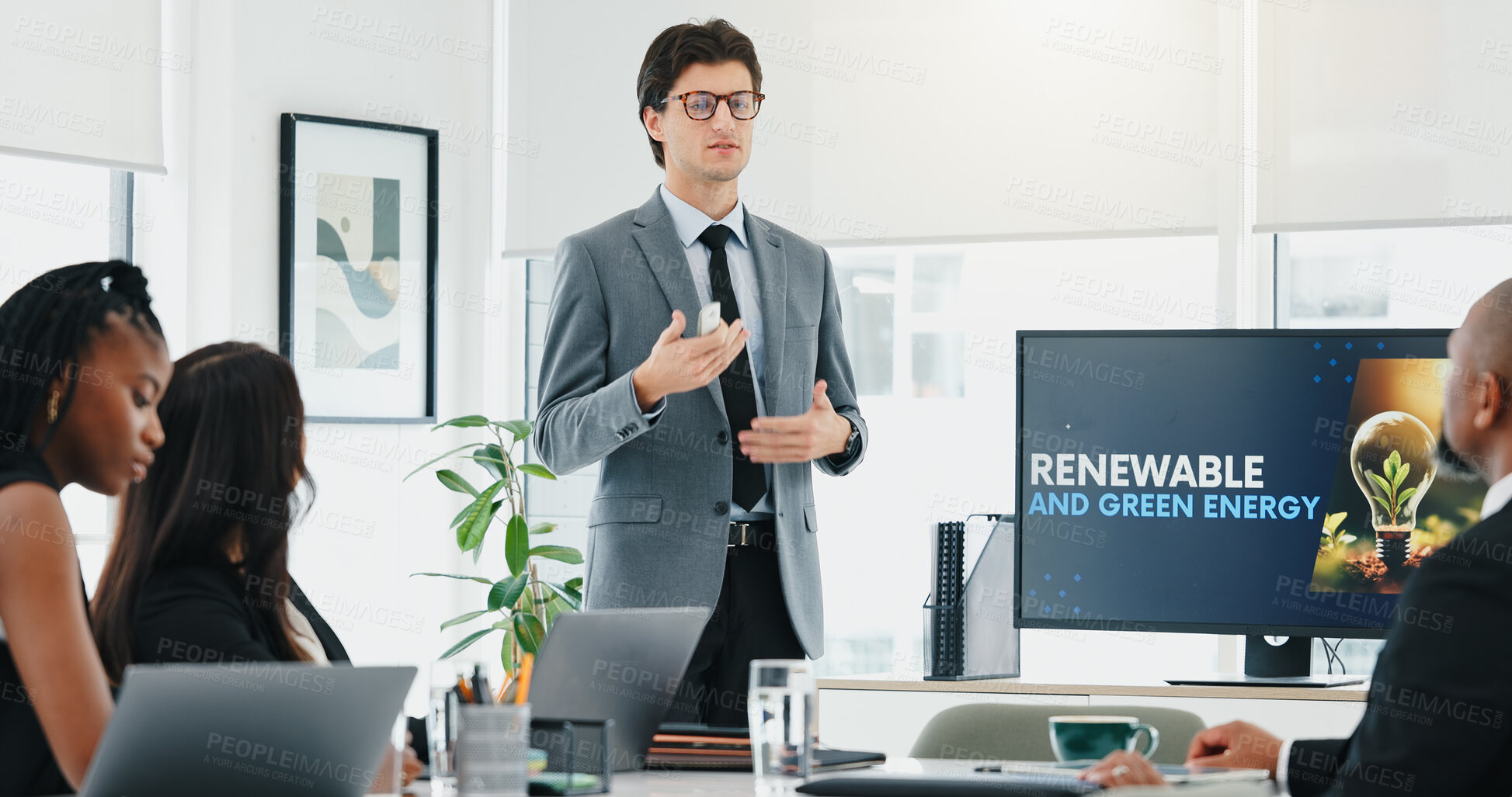 Buy stock photo Business man, team and presentation for renewable energy, sustainable ideas and initiative for a green future. CSR, problem solving and male speaker by screen with plan for eco friendly development