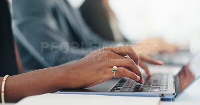Buy stock photo Hands, laptop and typing at office with communication, team or project management at corporate agency. Person, computer and keyboard with review, feedback and editing proposal at insurance company