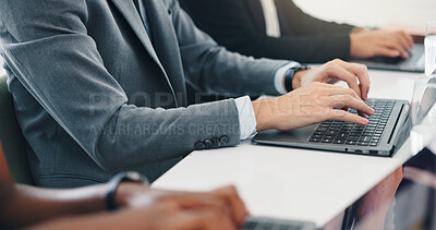 Buy stock photo Hands, laptop and typing at office with team, consulting or contact on web at legal agency. People, lawyer and attorney with computer for review, feedback and advisory services with group at law firm