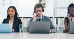 Headset, laptop and support with business people in customer service office for financial consulting. Computer, feedback and finance with employee team at desk in call center for advice or help
