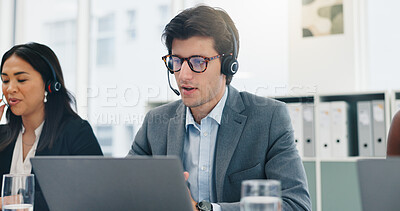 Buy stock photo Microphone, team and man with laptop in call center for contact us, order processing or online help. Customer service, consultant or tech for inbound query assistance, account management or coworking