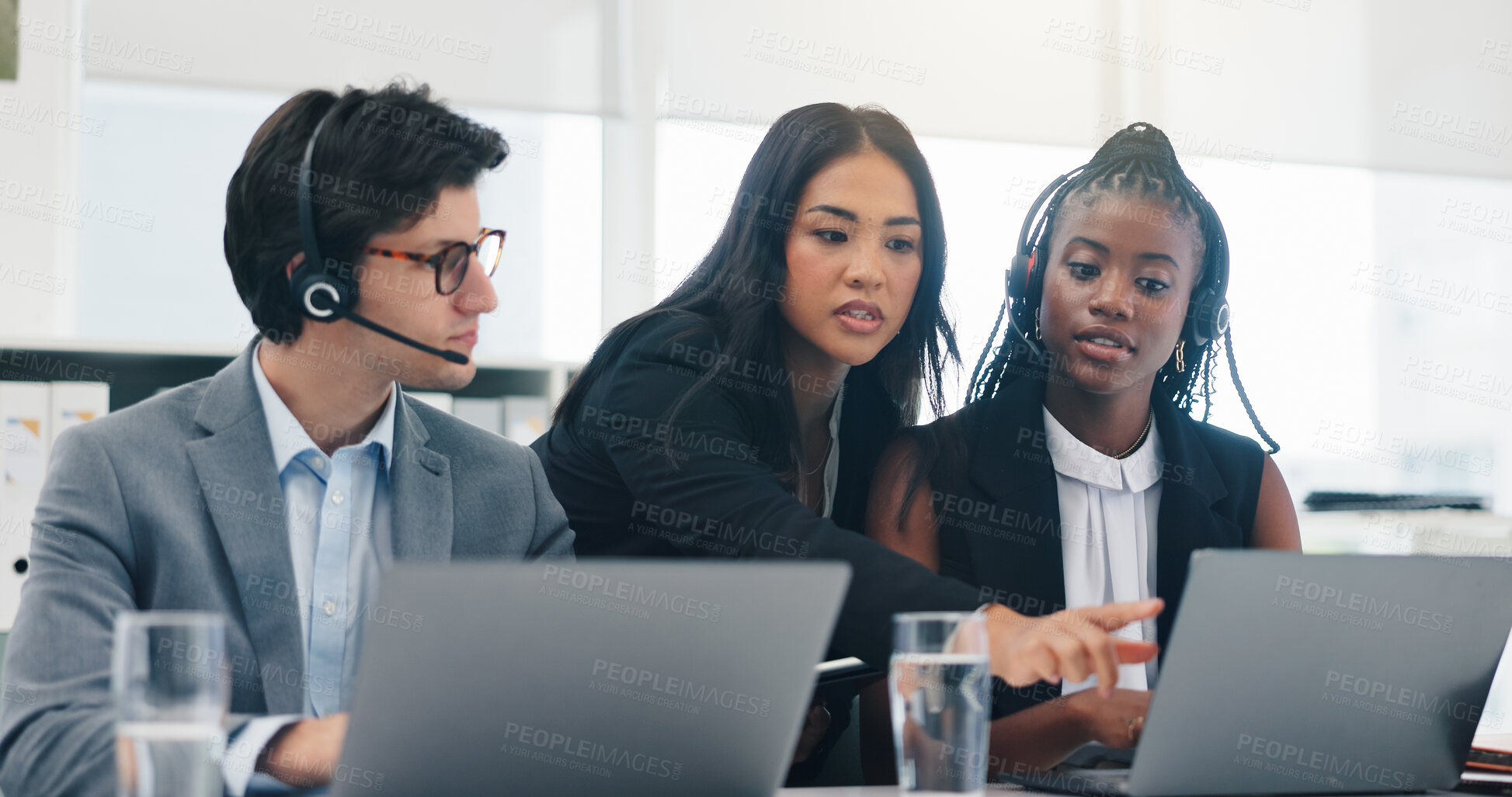 Buy stock photo Coaching, call center and people with laptop, help and training staff with conversation. Employees, group and mentor in workplace, computer and advice with customer service, discussion and contact