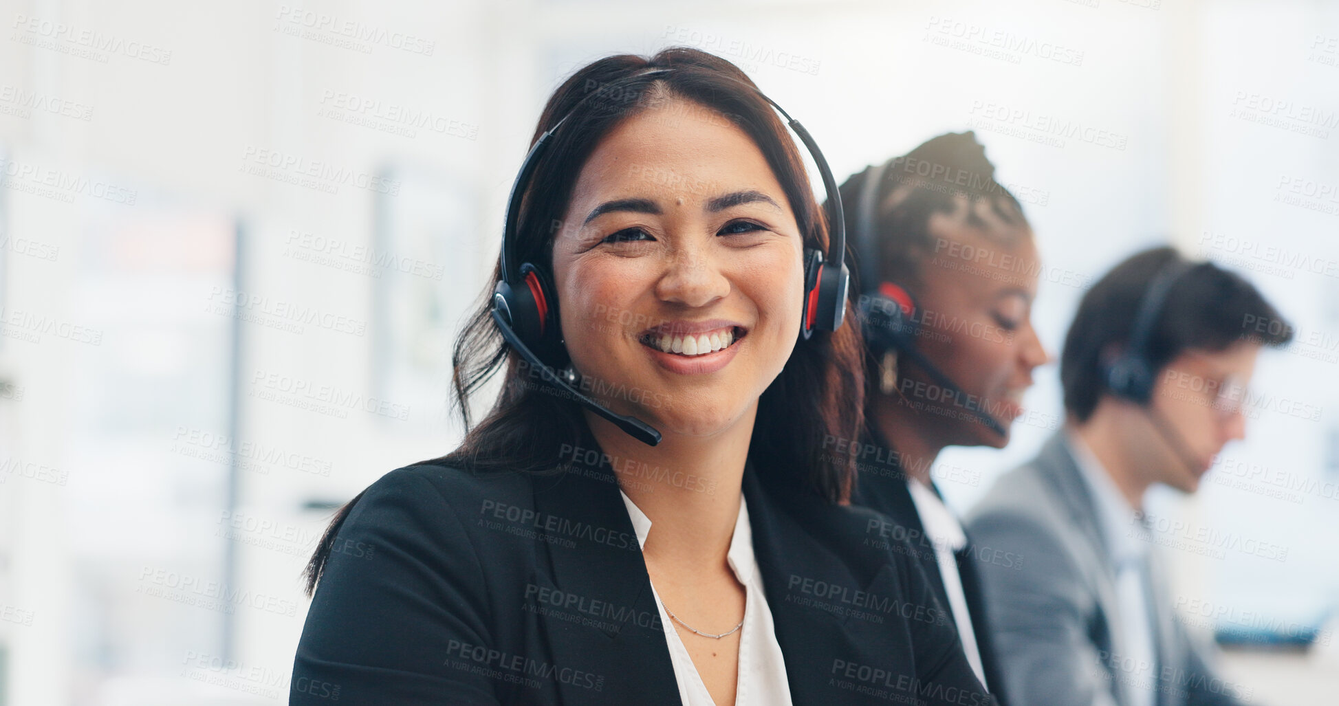 Buy stock photo Headset, team or portrait of woman in call center for online help, lead generation or outbound sales. Telemarketing, friendly agent and microphone for customer support, product advice and coworking
