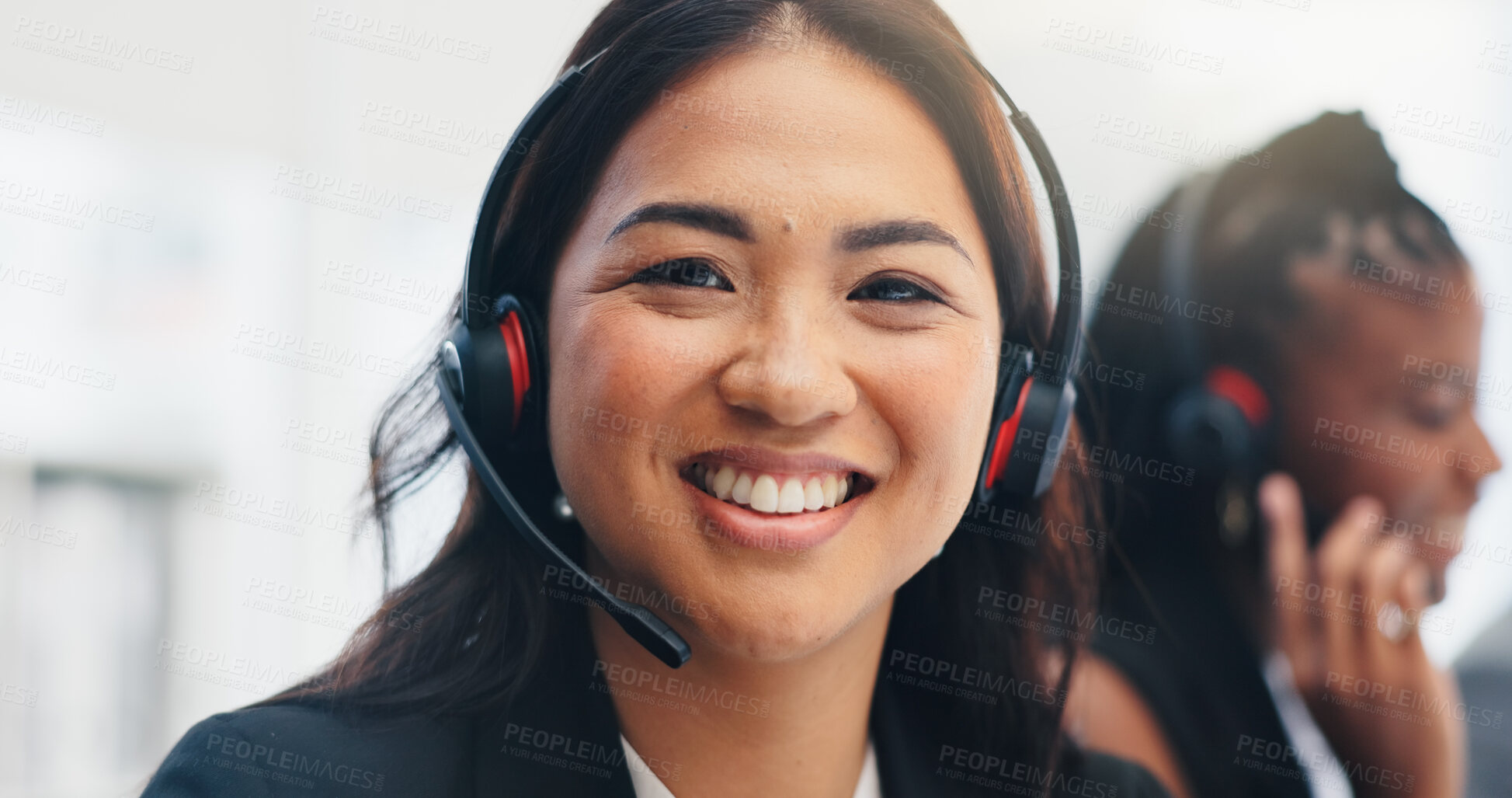 Buy stock photo Headset, woman and portrait of call center consultant in office with crm, contact us or consultation. Mic, happy or female technical support agent with communication for customer service in workplace