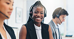 Headset, staff and portrait of woman in call center for CRM help, lead generation or order processing. Telemarketing, friendly agent and microphone for outbound sales, product advice and assistance