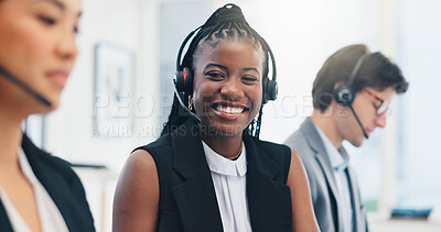 Buy stock photo Headset, staff and portrait of woman in call center for CRM help, lead generation or order processing. Telemarketing, friendly agent and microphone for outbound sales, product advice and assistance