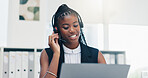 Laptop, headset and agent with business black woman in office for insurance, research and claims advisor. Risk assessment, broker report and customer support with person for help desk and crm