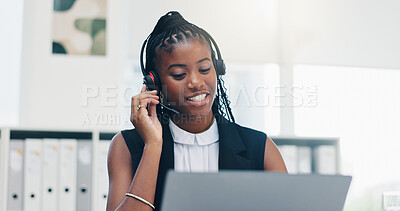Buy stock photo Laptop, headset and agent with business black woman in office for insurance, research and claims advisor. Risk assessment, broker report and customer support with person for help desk and crm