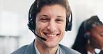 Headset, man and portrait of call center consultant in office with crm, contact us or consultation. Mic, happy or male technical support agent with communication for customer service in workplace