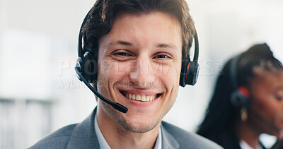 Buy stock photo Headset, man and portrait of call center consultant in office with CRM, contact us or consultation. Mic, happy or male technical support agent with communication for customer service in workplace
