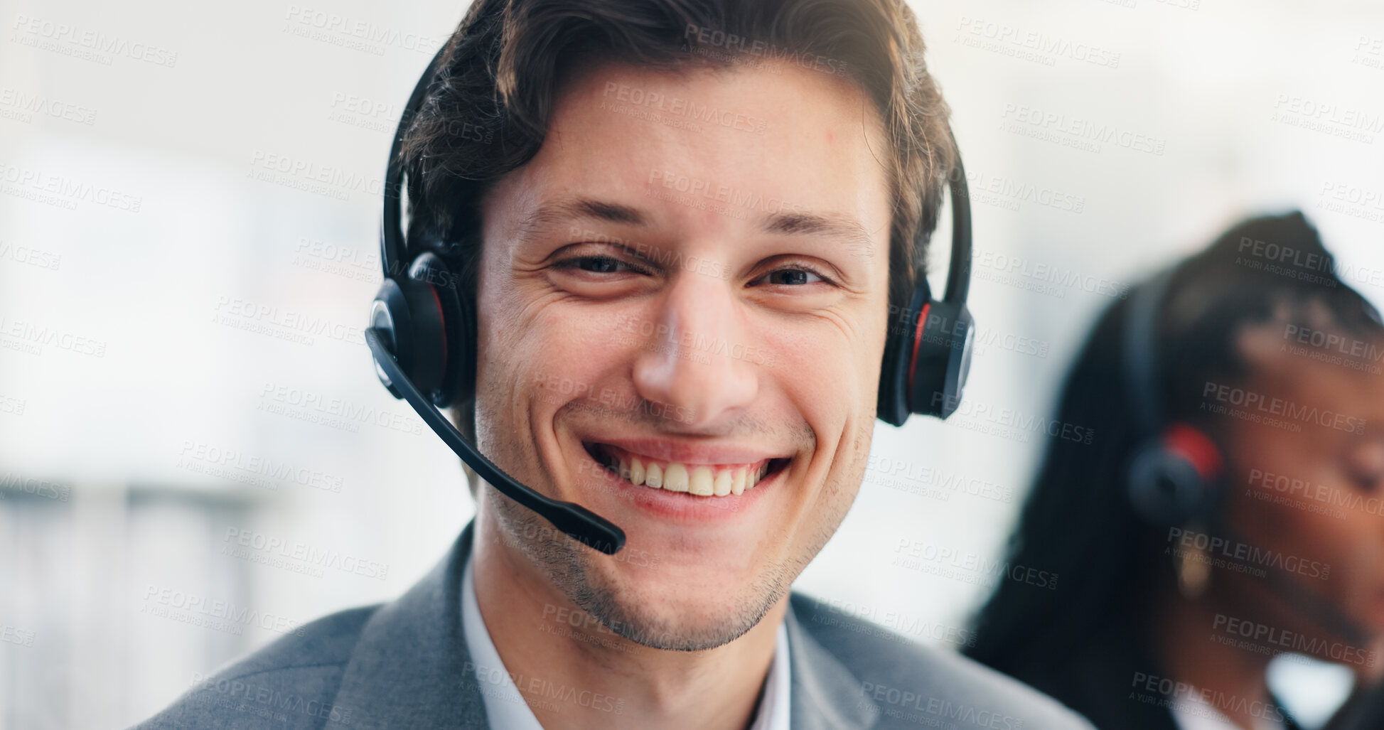 Buy stock photo Headset, man and portrait of call center consultant in office with CRM, contact us or consultation. Mic, happy or male technical support agent with communication for customer service in workplace