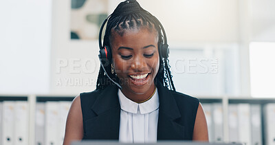 Buy stock photo Headset, black woman and call center consultant in office with crm, contact or consultation. Mic, happy or African female technical support agent with communication for customer service in workplace.