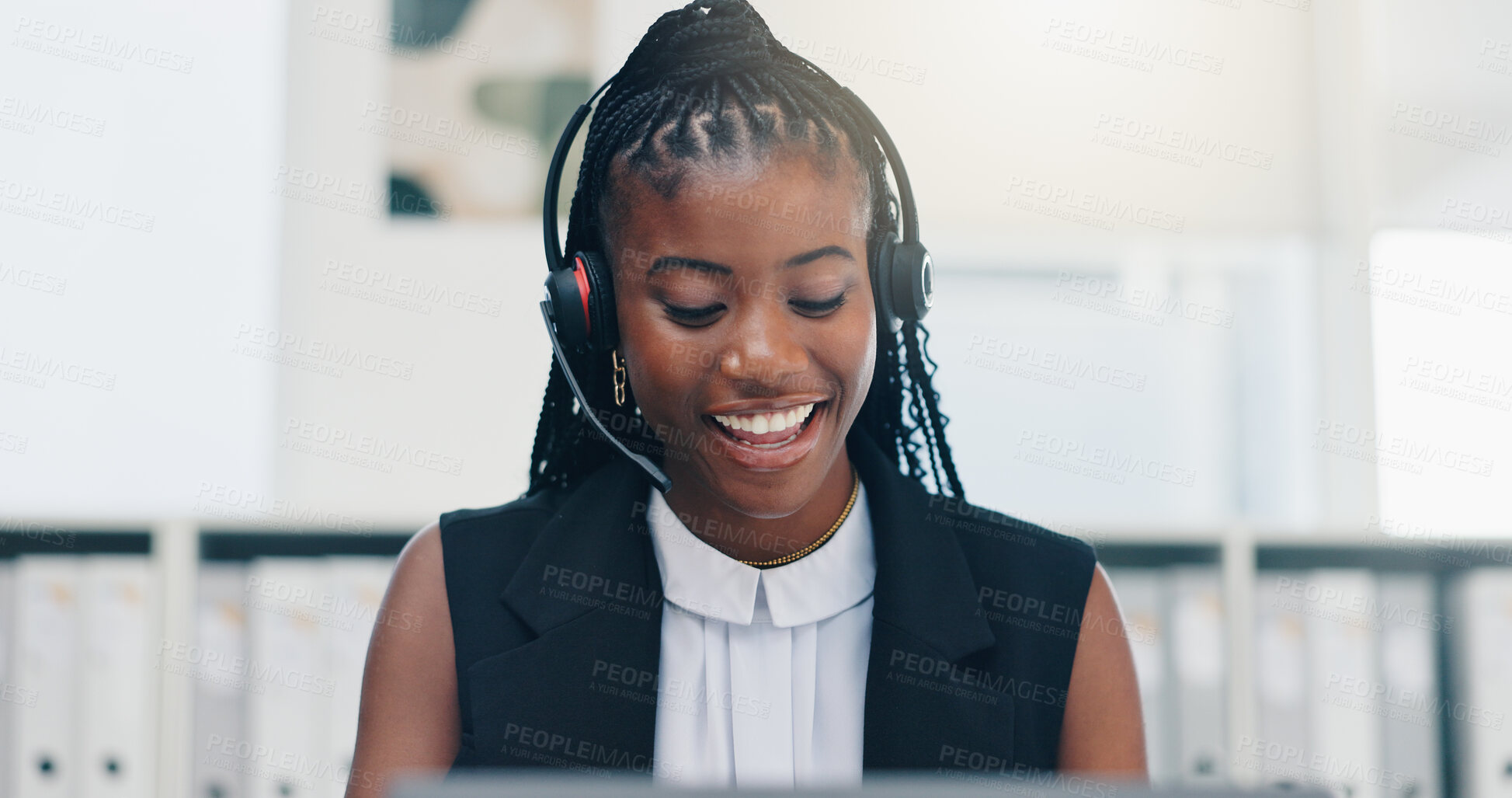 Buy stock photo Headset, black woman and call center consultant in office with crm, contact or consultation. Mic, happy or African female technical support agent with communication for customer service in workplace.