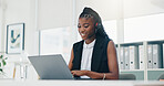 Laptop, headset and consultant with business black woman in office for insurance, research and claims advisor. Risk assessment, broker report and customer support with person for help desk and crm