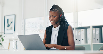 Buy stock photo Laptop, headset and consultant with business black woman in office for insurance, research and claims advisor. Risk assessment, broker report and customer support with person for help desk and crm