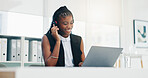 Laptop, headset and broker with business black woman in office for insurance, research and claims advisor. Risk assessment, consultant report and customer support with person for help desk and crm