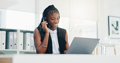 Buy stock photo Laptop, headset and broker with business black woman in office for insurance, research and claims advisor. Risk assessment, consultant report and customer support with person for help desk and crm