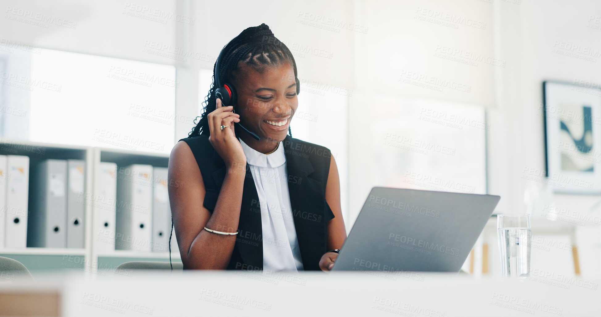 Buy stock photo Laptop, headset and broker with business black woman in office for insurance, research and claims advisor. Risk assessment, consultant report and customer support with person for help desk and crm