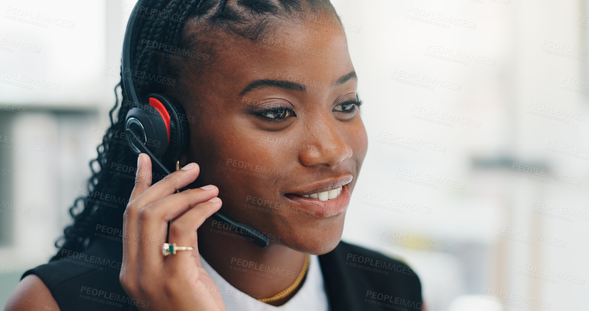 Buy stock photo Headset, black woman and call center agent in office with crm, contact or consultation. Mic, happy or African female technical support consultant with communication for customer service in workplace.