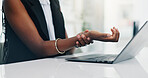 Business woman, hand and wrist pain with injury, tendinitis and poor ergonomics with laptop. Office, sore and worker with carpal tunnel syndrome, arthritis and fibromyalgia with muscle sprain