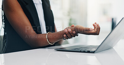 Buy stock photo Business woman, hand and wrist pain with injury, tendinitis and poor ergonomics with laptop. Office, sore and worker with carpal tunnel syndrome, arthritis and fibromyalgia with muscle sprain
