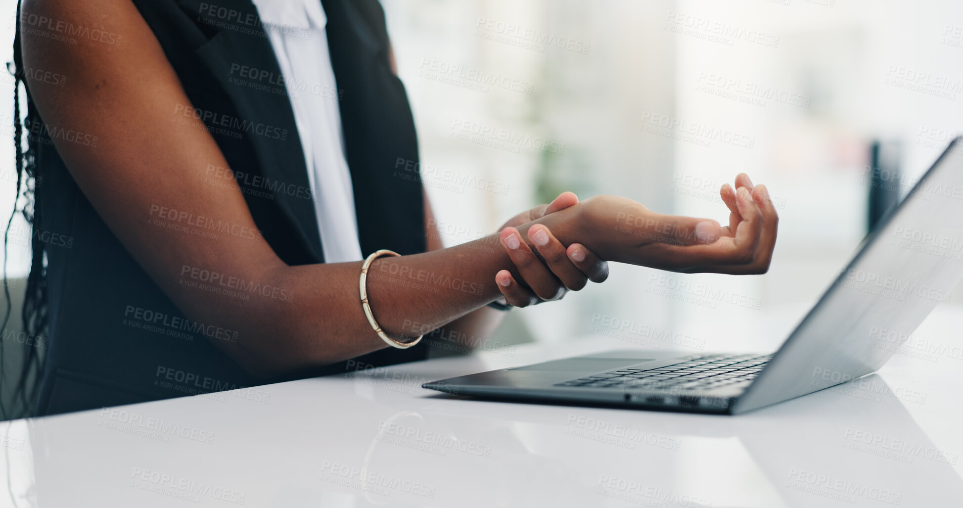 Buy stock photo Business woman, hand and wrist pain with injury, tendinitis and poor ergonomics with laptop. Office, sore and worker with carpal tunnel syndrome, arthritis and fibromyalgia with muscle sprain