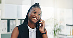 Black woman, business and laughing for phone call in office with communication, feedback and answer. Corporate, employee person talking and tech for friendly consultation, space and networking