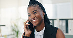 Black woman, business and phone call in office for communication, feedback and answer with smile. Corporate, employee person talking and technology for friendly consultation, contact and networking