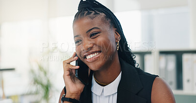 Buy stock photo Black woman, business and phone call in office for communication, feedback and answer with smile. Corporate, employee person talking and technology for friendly consultation, contact and networking