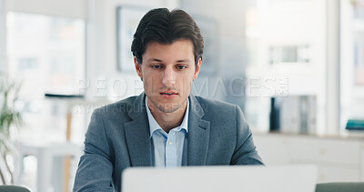Buy stock photo Business, laptop and man in workplace, online reading and internet with technology. Person, employee or consultant in office, pc or email for company report, feedback or proposal for investment deal
