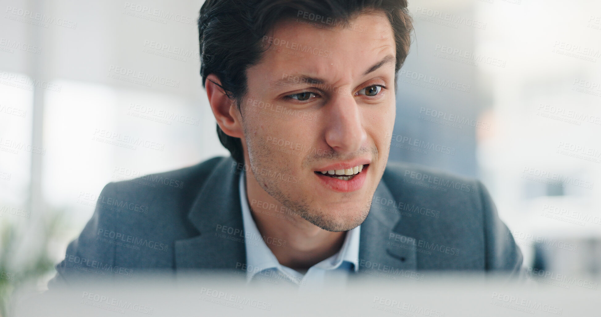 Buy stock photo Businessman, confused and thinking with computer at office, mistake and stress at finance agency. Person, broker and frustrated for 404, crisis or lost data with problem solving at investment company