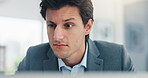 Man, confused and thinking with computer at office, mistake and stress at finance agency. Business person, broker and frustrated for 404, crisis or doubt with problem solving at investment company