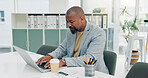 Business, black man and typing on laptop in office for research, finance report and budget planning. Mature person, pc and email for financial schedule, update policy and information for bookkeeping
