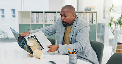 Buy stock photo Business, black man and spill coffee on laptop with accident, work chaos and keyboard damage. Mature person, pc and mess drink on tech with clumsy employee, electronic insurance and hazard of mistake