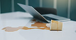 Laptop, coffee cup and spill mistake in office for accident, work chaos and keyboard damage. Takeaway, pc and mess drink on tech with clumsy problem, electronic insurance and hazard of liquid splash