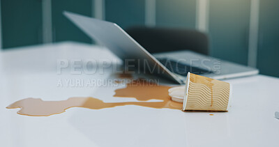 Buy stock photo Laptop, coffee cup and spill mistake in office for accident, work chaos and keyboard damage. Takeaway, PC and mess drink on tech with clumsy problem, electronic insurance and hazard of liquid splash