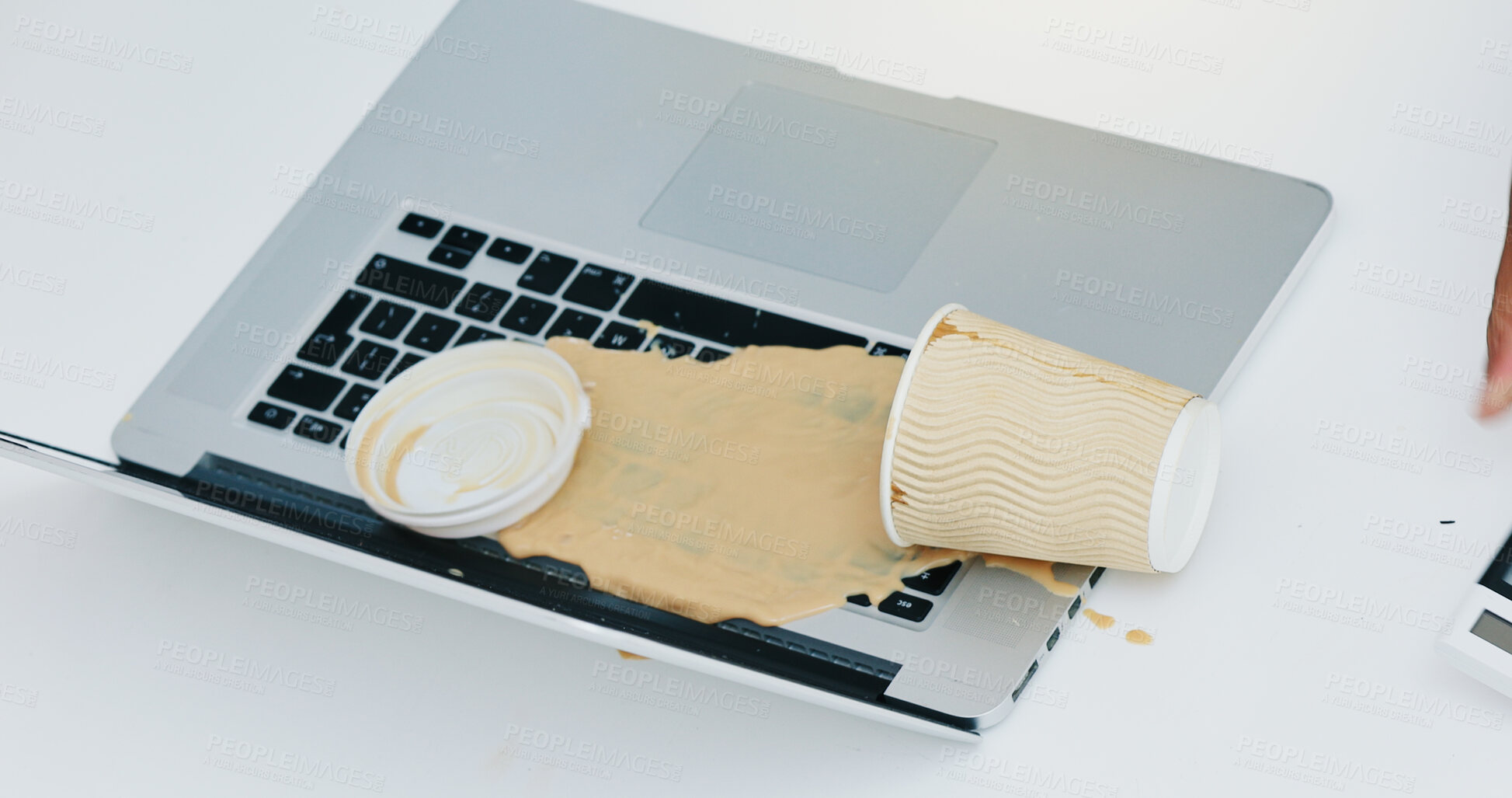 Buy stock photo Laptop, coffee cup and spill beverage in office for accident, work chaos and keyboard damage. Takeaway, pc or mess drink on tech with clumsy person, electronic insurance and hazard of liquid disaster