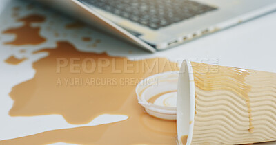 Buy stock photo Laptop, coffee and spill beverage in office for accident, work chaos and keyboard damage. Takeaway, pc and messed drink on tech with clumsy problem, electronic insurance and hazard of liquid disaster