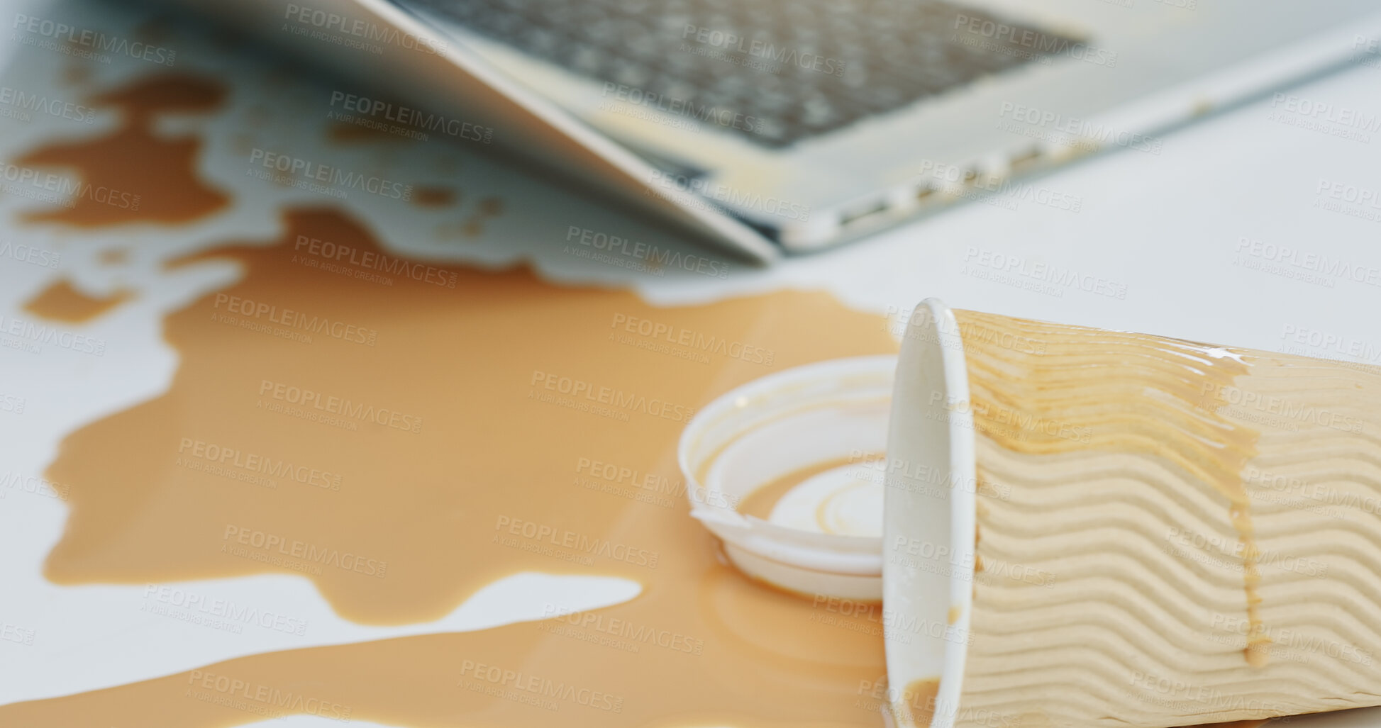 Buy stock photo Laptop, coffee and spill beverage in office for accident, work chaos and keyboard damage. Takeaway, pc and messed drink on tech with clumsy problem, electronic insurance and hazard of liquid disaster