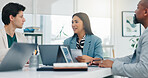 Business, woman and staff with document in office for accounting, finance policy and budget review. People, team and laptop for financial report, tax preparation and audit process of company proposal