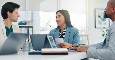 Buy stock photo Business, woman and staff with document in office for accounting, finance policy and budget review. People, team and laptop for financial report, tax preparation and audit process of company proposal