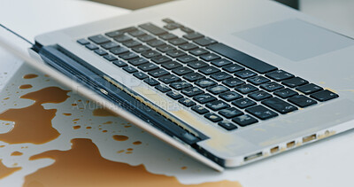 Buy stock photo Laptop, coffee and spill liquid in office for accident, work chaos and keyboard damage. Takeaway, pc and messed drink on tech with clumsy problem, electronic insurance and hazard of beverage disaster