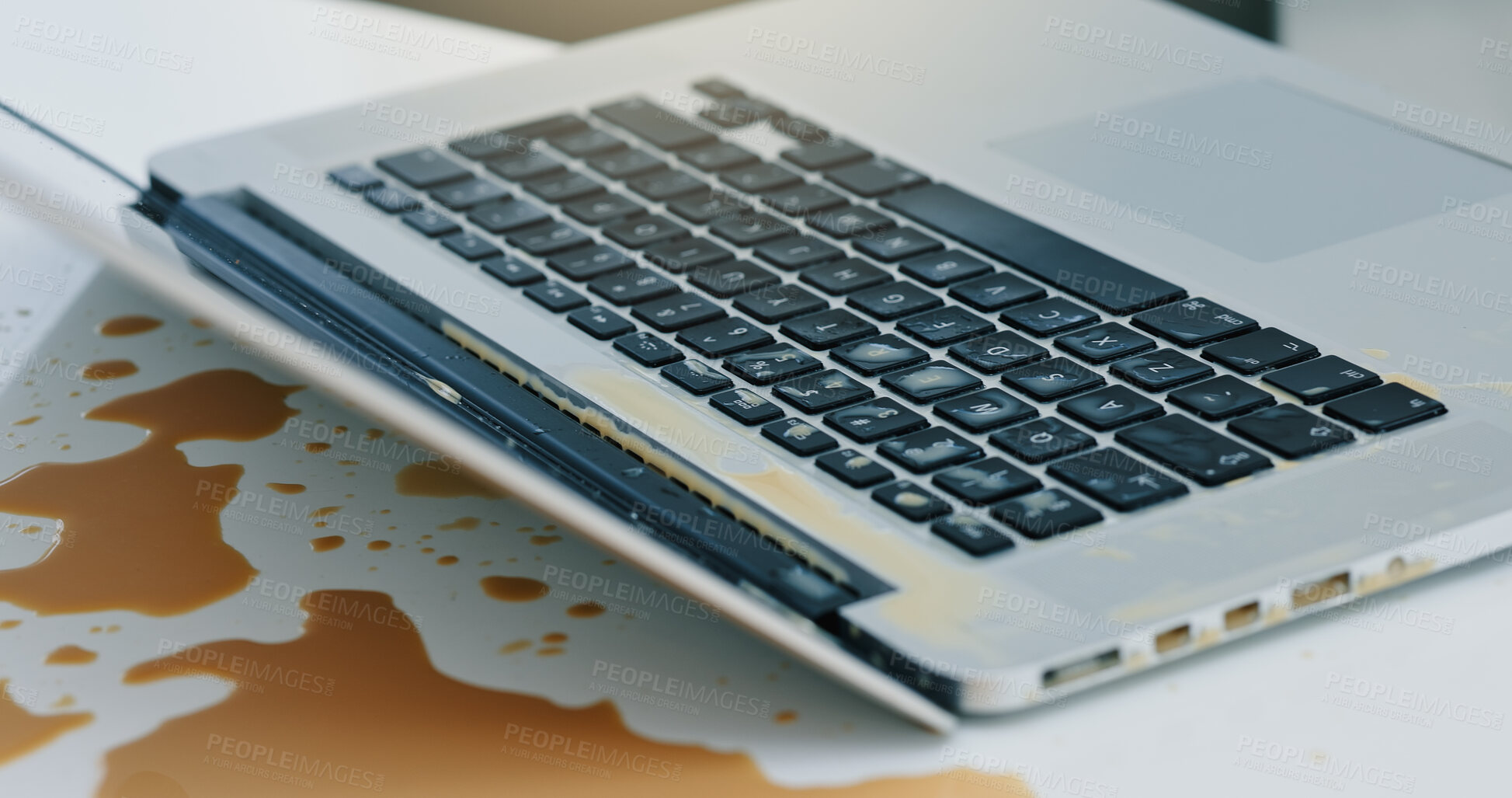 Buy stock photo Laptop, coffee and spill liquid in office for accident, work chaos and keyboard damage. Takeaway, pc and messed drink on tech with clumsy problem, electronic insurance and hazard of beverage disaster