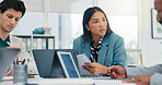 Team, meeting and discussion with business woman in office for campaign advisor, project or research. Client briefing, public relations agency and press release idea with employees for media pitch