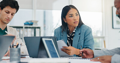 Buy stock photo Team, meeting and discussion with business woman in office for campaign advisor, project or research. Client briefing, public relations agency and press release idea with employees for media pitch