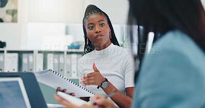 Buy stock photo Team, meeting and documents with business woman in office for campaign advisor, project or research. Client briefing, public relations agency and press release idea with employees for media pitch