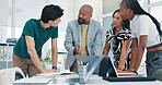 Business, people and talking with laptop in office for planning, finance report and review budget. Staff, team and research with pc for bookkeeping, company accounts and audit feedback for investment