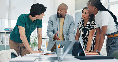 Buy stock photo Business, people and talking with laptop in office for planning, finance report and review budget. Staff, team and research with pc for bookkeeping, company accounts and audit feedback for investment