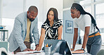 Team, planning and documents with business people in meeting for campaign advisor, project or research. Client briefing, public relations agency and press release idea with employees for media pitch